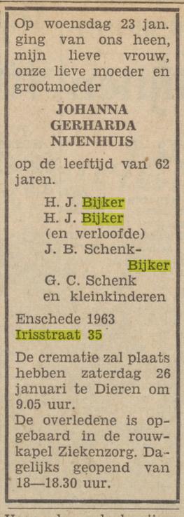 Irisstraat 35 J.G. Bijker-Nijenhuis overlijdensadvertentie Tubantia 24-1-1963.jpg