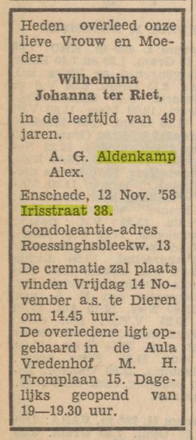 Irisstraat 38 W.J. Aldenkamp-ter Riet overlijdensadvertentie Tubantia 13-1-1958.jpg