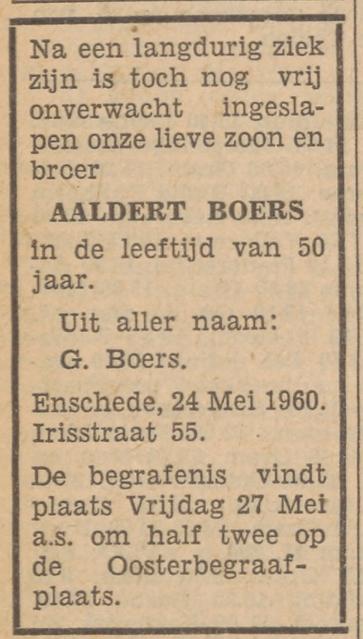 Irisstraat 55 Aaldert Boers overlijdensadvertentie Tubantia 25-5-1960.jpg