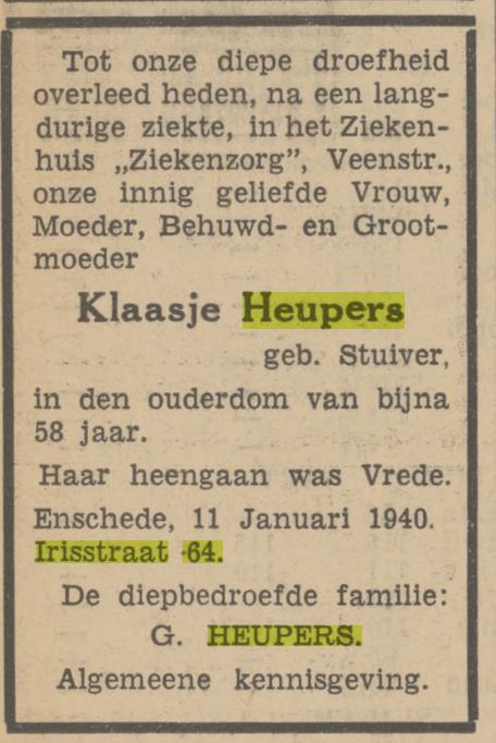 Irisstraat 64 K. Heupers-Stuiver overlijdensadvertentie Tubantia 11-1-1940.jpg