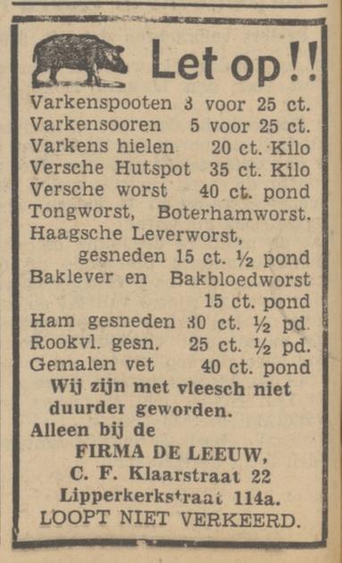 C.F. Klaarstraat 22 slagerij Fa. de Leeuw advertentie Tubantia 11-1-1940.jpg