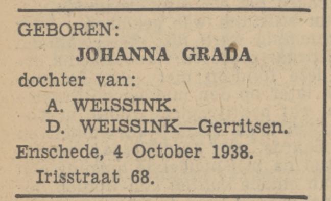 Irisstraat 68 A. Weissink advertentie Tubantia 5-10-1938.jpg