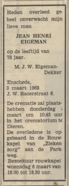 J.W. Racerstraat 6 J.H. Eigeman overlijdensadvertentie Tubantia 4-1968.jpg