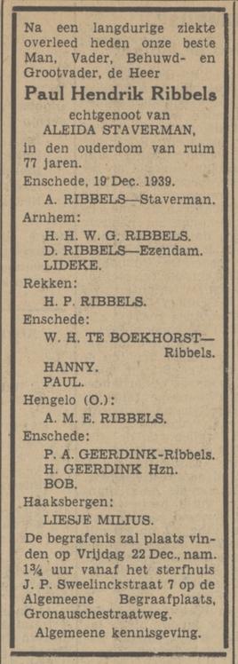 J.P. Sweelinckstraat 7 P.H. Ribbels overlijdensadvertentie Tubantia 20-12-1939.jpg