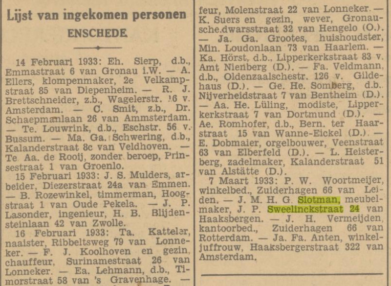 J.P. Sweelinckstraat 24 J.M.H.G. Slotman meubelmaker krantenbericht Tubantia 16-3-1933.jpg