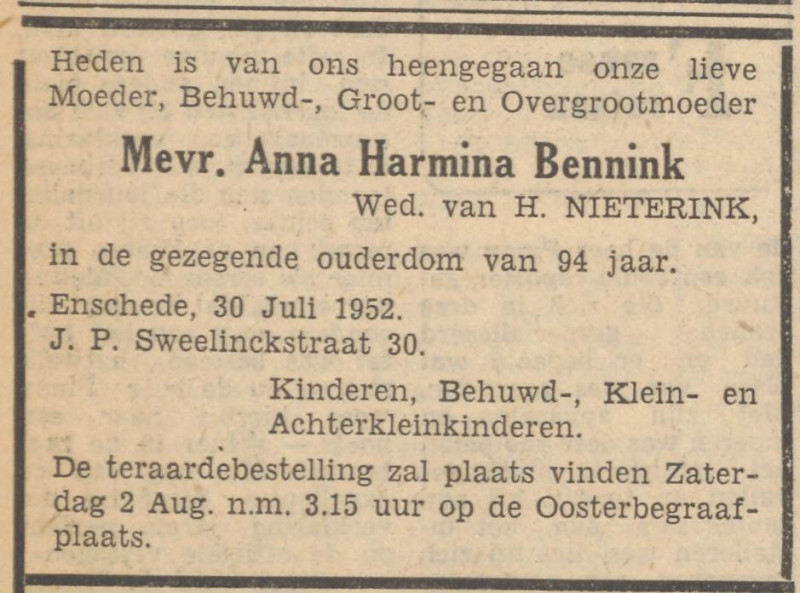 J.P. Sweelinckstraat 30 Wed. A.H. Nieterink-Bennink overlijdensadvertentie Tubantia 31-7-1952.jpg
