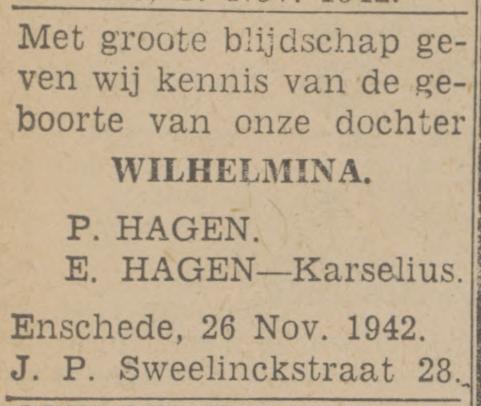 J.P. Sweelinckstraat 28 P. Hagen advertentie Twentsch nieuwsblad 28-11-1942.jpg