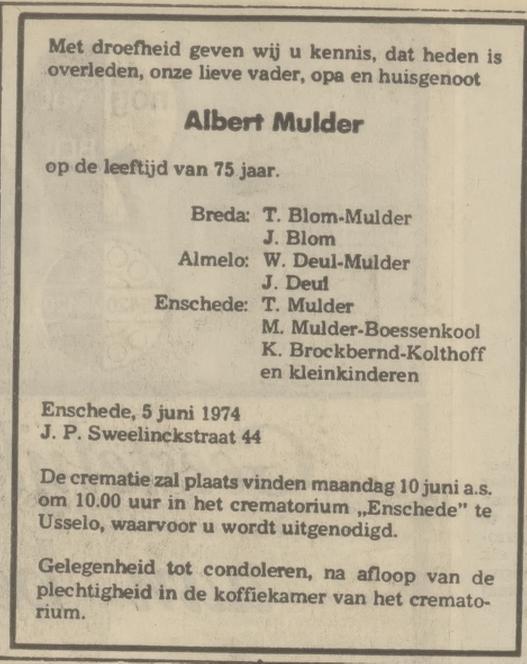 J.P. Sweelinckstraat 44 Albert Mulder overlijdensadvertentie Tubantia 6-6-1974.jpg