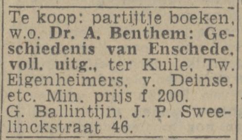 J.P, Sweelinckstraat 46 G. Ballintijn advertentie Twentsch nie6wsblad 25-4-1944.jpg