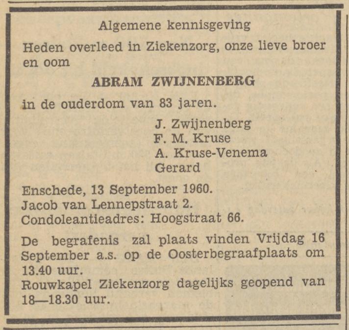 Jacob van Lennepstraat 2 A. Zwijnenberg overlijdensadvertentie Tubantia 14-9-1960.jpg