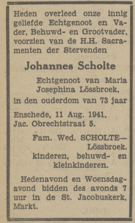Jacob Obrechtstraat 5 Johannes Scholte overlijdensadvertentie Tubantia 12-8-1941.jpg