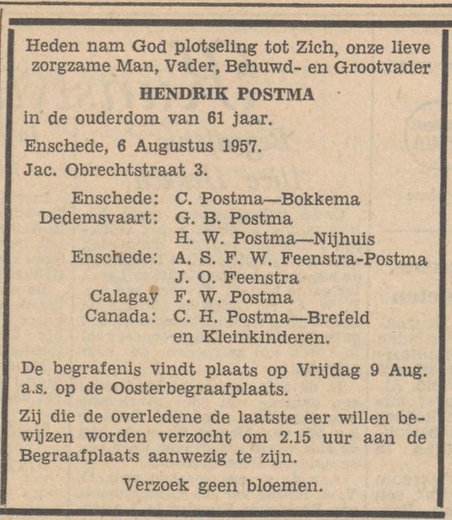 Jacob Obrechtstraat 3 Hendrik Postma overlijdensadvertentie Tubantia 6-8-1957.jpg