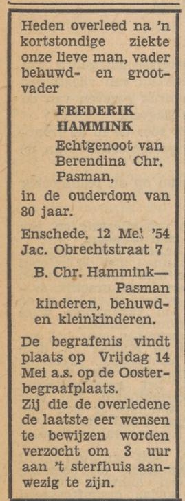 Jacob Obrechtstraat 7 F. Hammink overlijdensadvertentie Tubantia 13-5-1954.jpg