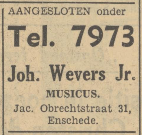 Jacob Obrechtstraat 31 Joh. Wevers musicus advertentie Tubantia 26-10-1950.jpg