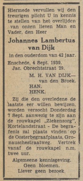 Jacob Obrechtstraat 29 J.L. van Dijk overlijdensadvertentie Tubantia 4-9-1939.jpg
