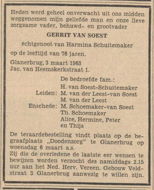 Jacob van Heemskerkstraat 1 Glanerbrug Gerrit van Soest overlijdensadvertentie Tubantia 4-3-1963.jpg