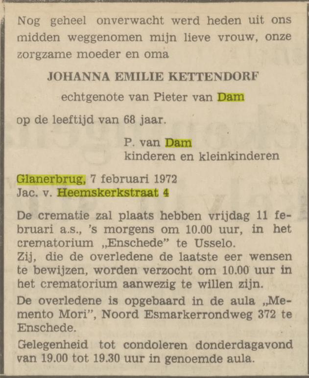 Jacob van Heemskerkstraat 4 Glanerbrug J.E. van Dam-Kettendorf overlijdensadvertentie Tubantia 8-2-1972.jpg