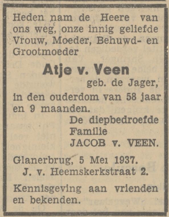 Jacob van Heemskerkstraat 2 Glanerbrug Atje van Veen-de Jager overlijdensadvertentie Tubantia 5-5-1937.jpg