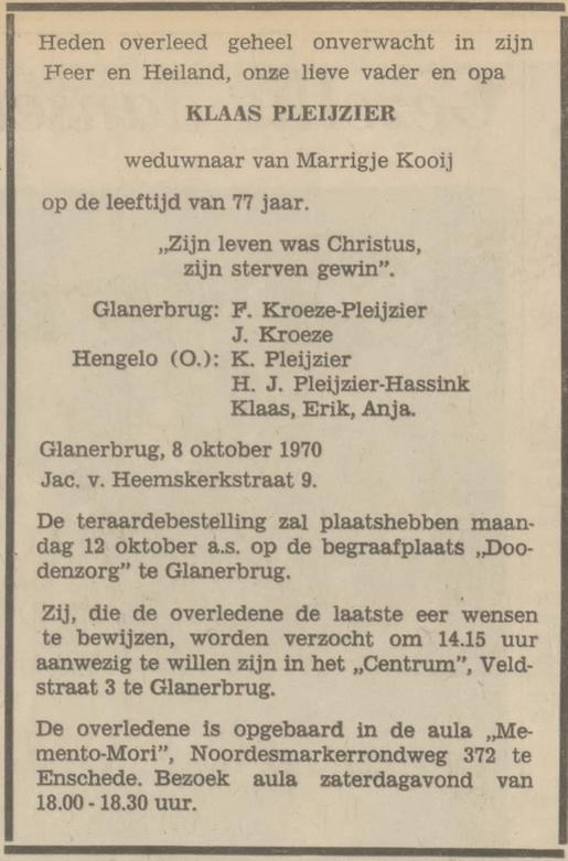 Jacob van Heemskerkstraat 9 Glanerbrug Klaas Pleijzier overlijdensadvertentie Tubantia 9-10-1970.jpg
