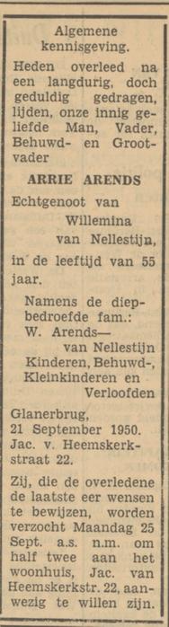 Jacob van Heemskerkstraat 22 Glanerbrug A. Arends overlijdensadvertentie Tubantia 22-9-1950.jpg
