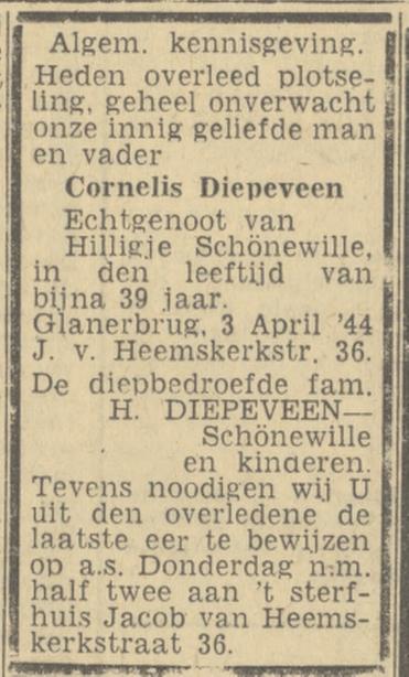 Jacob van Heemskerkstraat 36 Glanerbrug Cornelis Diepeveen overlijdensadvertentie Twentsch nieuwsblad 4-4-1944.jpg