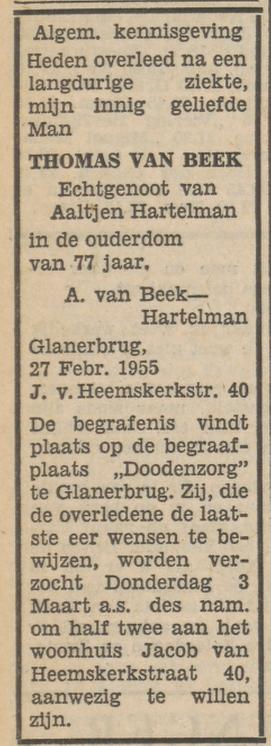 Jacob van Heemskerkstraat 40 Glanerbrug Thomas van Beek overlijdensadvertentie Tubantia 28-2-1955.jpg