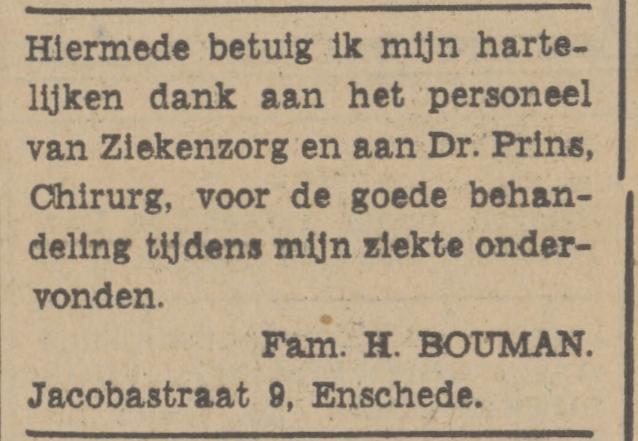 Jacobastraat 9 H. Bouman advertentie Tubantia 17-1-1942.jpg