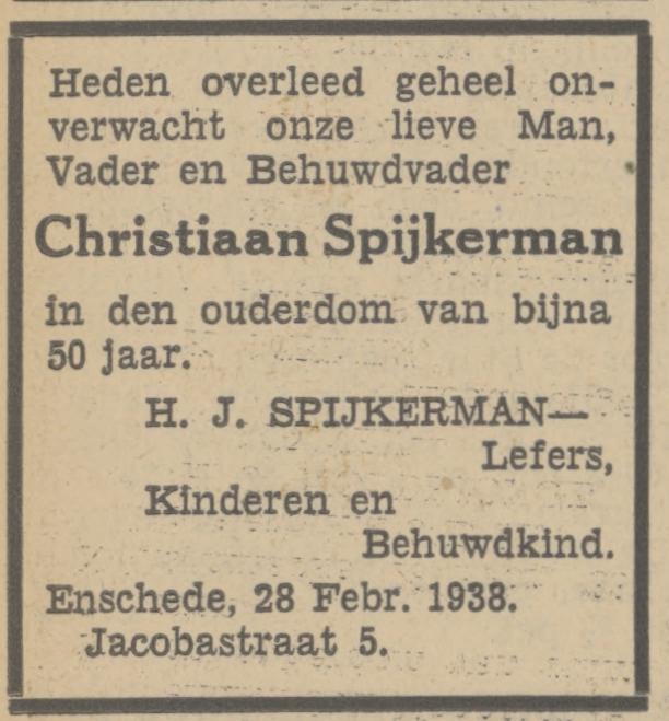 Jacobastraat 5 C. Spijkerman overlijdensadvertentie Tubantia 1-3-1938.jpg