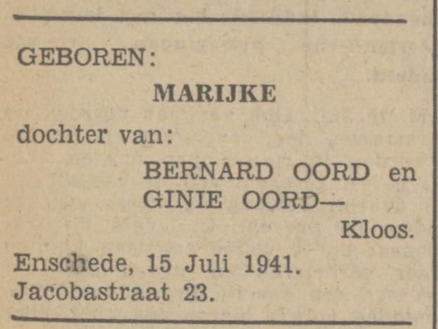 Jacobastraat 23 Bernard Oord advertentie Tubantia 16-7-1941.jpg