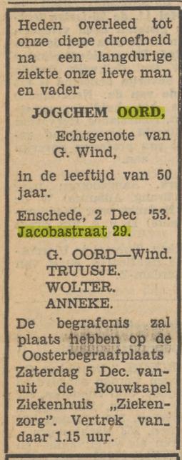 Jacobastraat 29 J. Oord overlijdensadvertentie Tubantia 3-12-1953.jpg