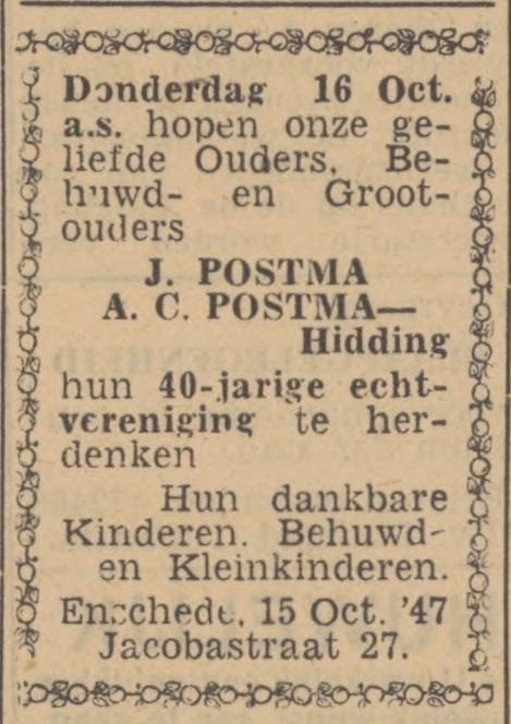 Jacobastraat 27 J. Postma advertentie Tubantia 15-10-1947.jpg