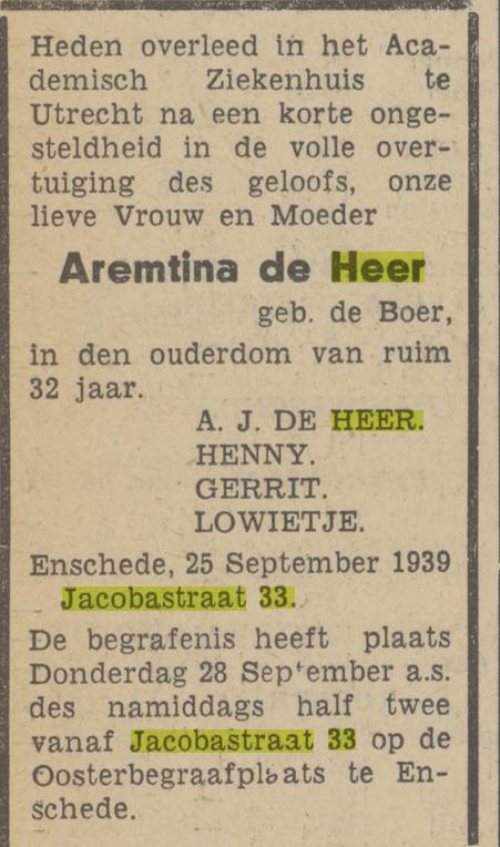 Jacobastraat 33 A. de Heer-de Boer overlijdensadvertentie Tubantia 26-9-1933.jpg