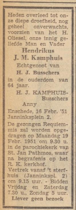 Janninksplein 2 H.J.M. Kamphuis overlijdensadvertentie Twentsche courant 18-2-1951.jpg