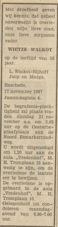 Janninksplein 4 W. Walkot overlijdensadvertentie Tubantia 18-11-1967.jpg