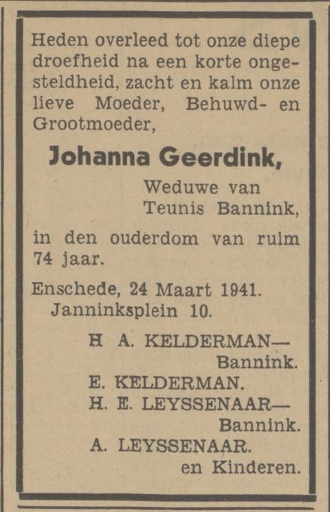 Janninksplein 10 Wed. J. Bannink-Geerdink overlijdensadvertentie Tubantia 25-3-1941.jpg