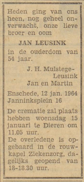 Janninksplein 16 Jan Leusink overlijdensadvertentie Tubantia 13-1-1964.jpg