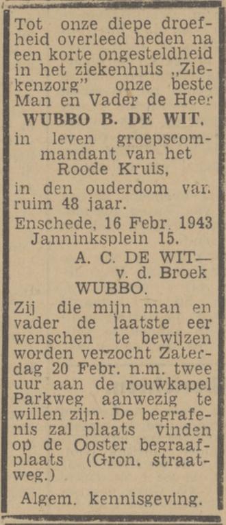 Janninksplein 15 W.B. de Wit overlijdensadvertentie Tubantia 18-2-1943.jpg