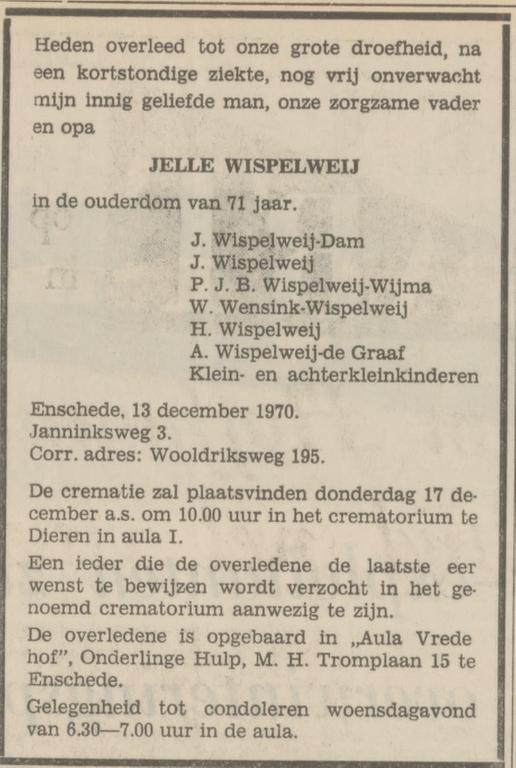Janninksweg 3 Jelle Wispelweij overlijdensadvertentie Tubantia 14-12-1970.jpg