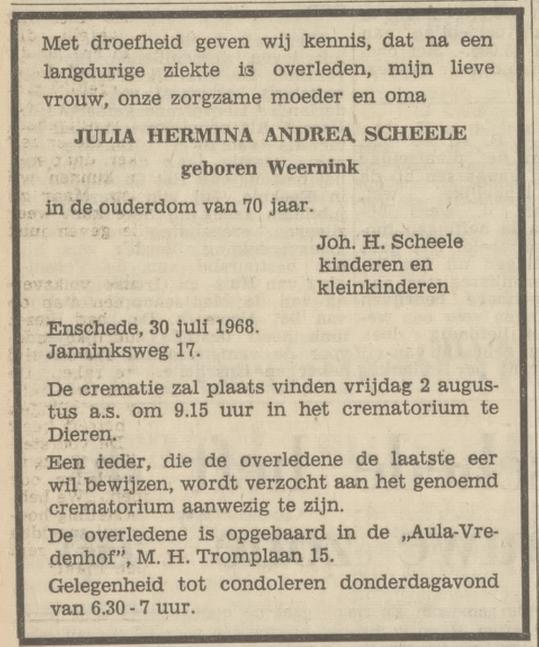 Janninksweg 17 J.H.A. Scheele-Weernink overlijdensadvertentie Tubantia 31-7-1968.jpg