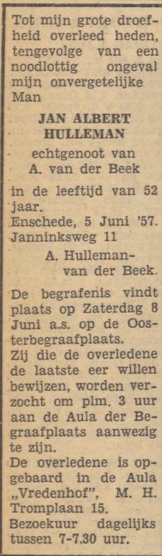 Janninksweg 11 J.A. Hulleman overlijdensadvertentie Tubantia 6-6-1957.jpg