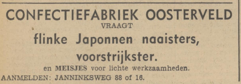 Janninksweg 16 confectiefabriek Oosterveld advertentie Tubantia 17-1-1940.jpg