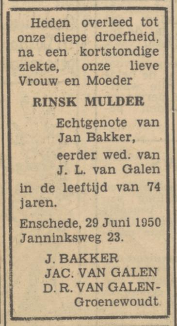 Janninksweg 23 R. Bakker-Mulder overlijdensadvertentie Tubantia 1-7-1950.jpg