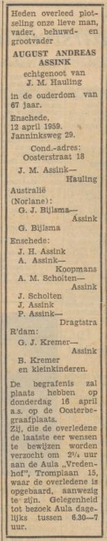 Janninksweg 29 A.A. Assink overlijdensadvertentie Tubantia 13-4-1959.jpg