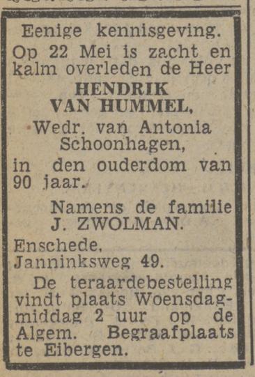 Janninksweg 43 Hendrik van Hummel overlijdensadvertentie Tubantia 25-5-1943.jpg