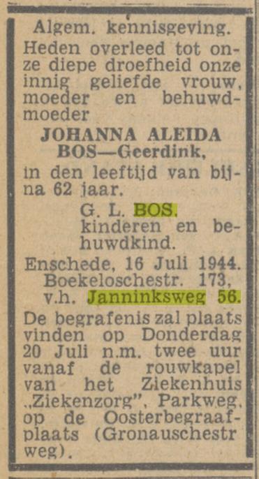 Janninksweg 56 J.A. Bos-Geerdink overlijdensadvertentie Twentsch nieuwsblad 18-7-1944.jpg