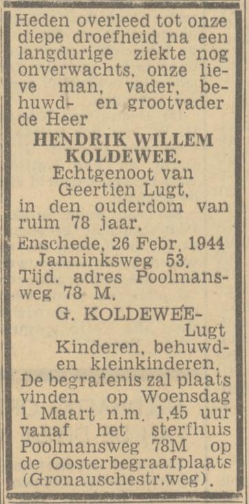 Janninksweg 53 H.W. Koldewee overlijdensadvertentie Twentsch nieuwsblad 28-2-1944.jpg
