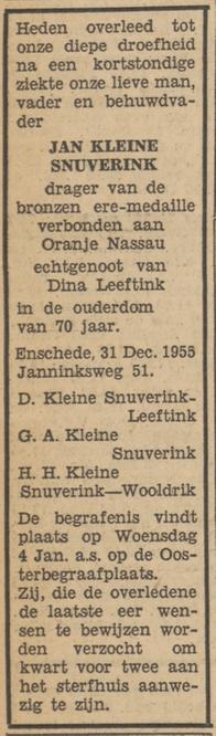 Janninksweg 51 Jan Kleine Snuverink overlijdensaadvertentie Tubantia 2-1-1956.jpg