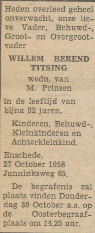 Janninksweg 65 W.B. Titsing overlijdensadvertentie Tubantia 28-10-1958.jpg