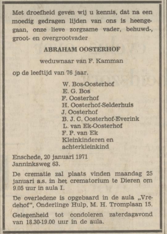 Janninksweg 63 Abraham Oosterhof overlijdensadvertentie Tubantia 21-1-1971.jpg