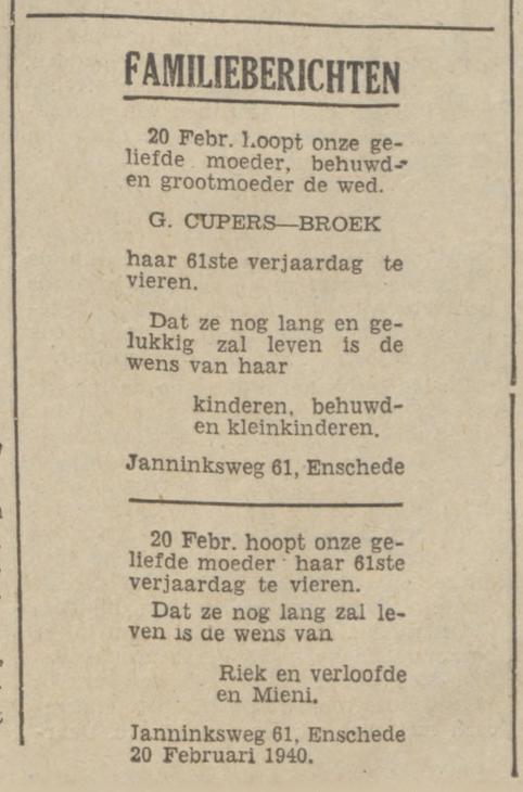 Janninksweg 61 Wed. G. Cupers-Broek advertentie Het Volksdagblad 19-2-1940.jpg